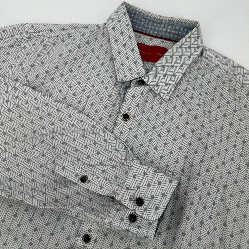 Peter England Mens Slim Fit Geometric Print Button Down Shirt Grey‎ White XL